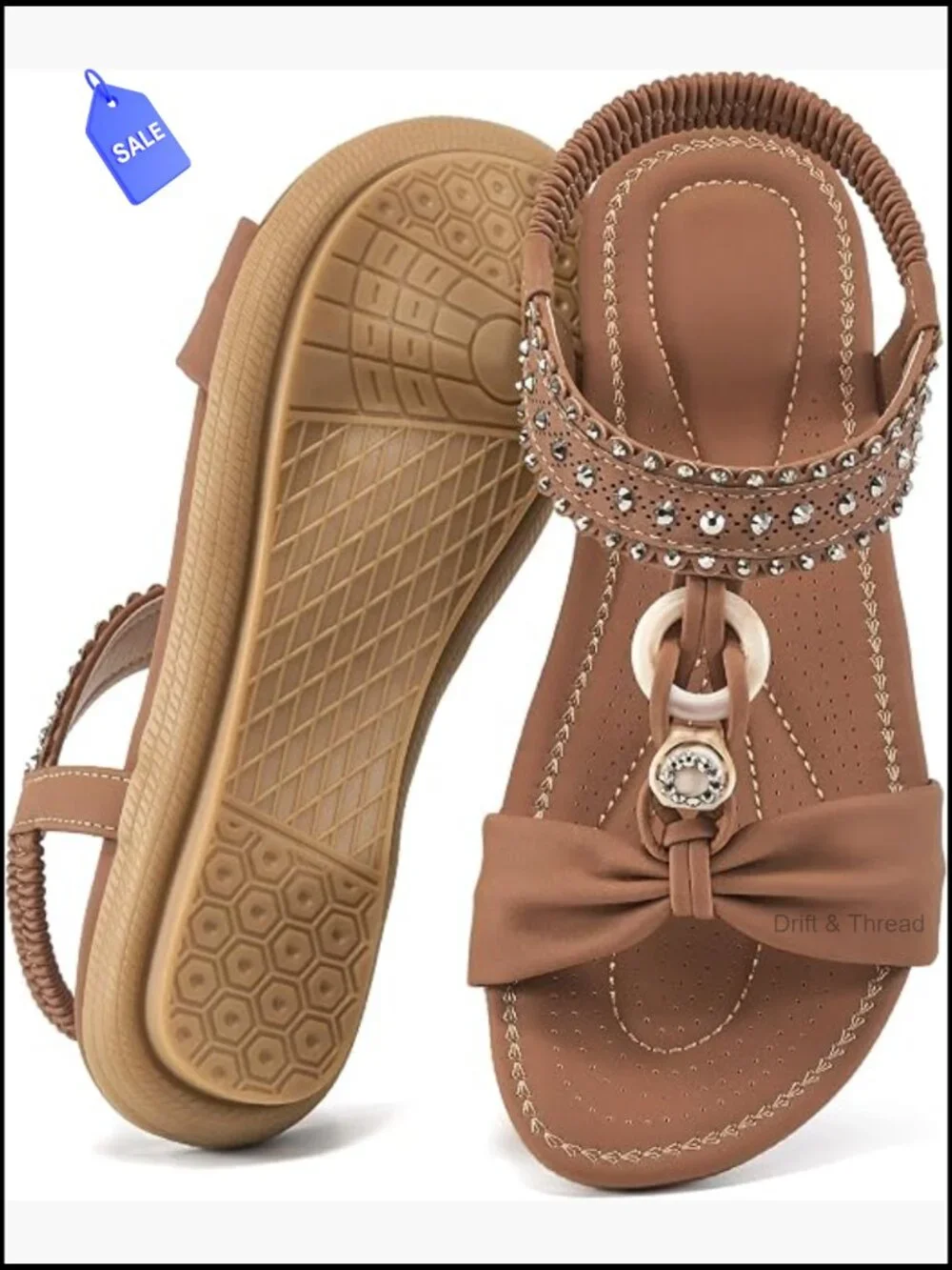 Bohemian Beaded Flat Sandals Elastic Ankle Strap Casual Slip On Comfortable